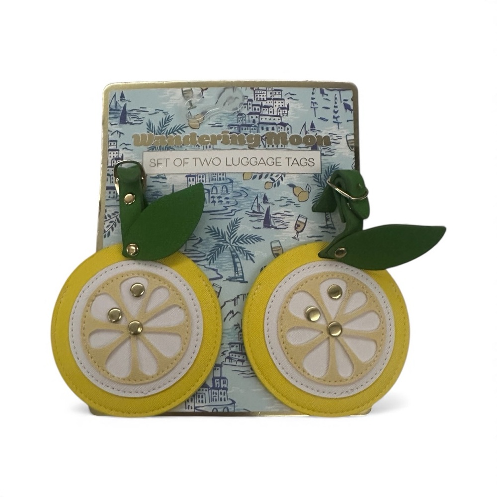 Set of 2 Yellow Lemon Luggage Tags with Green Leaves